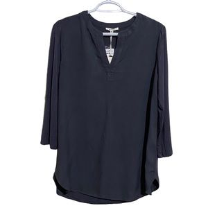 Pleione Split Neck Roll Tab Sleeve Blouse Grey Ebony Women Size S